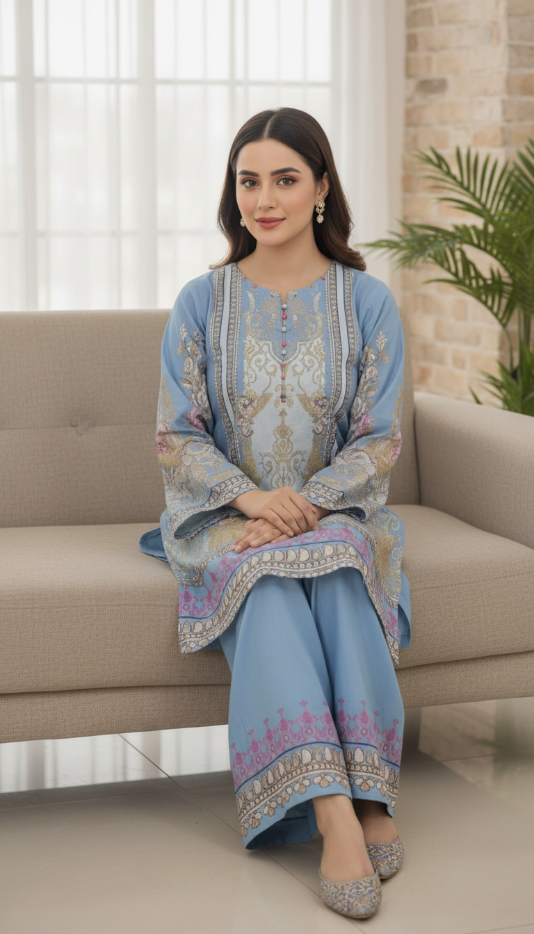Serene Azure Floral Printed 2-Piece Lawn Suit