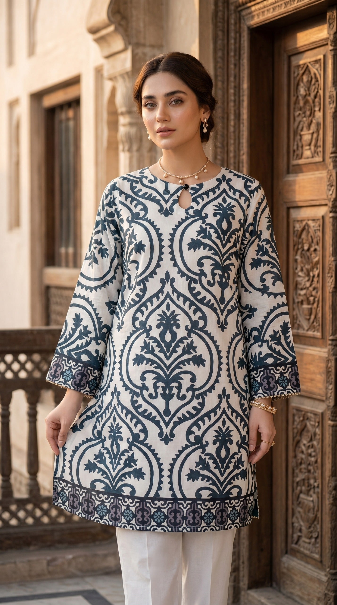Earthy Elegance Indigo Damask Printed Lawn Kurti