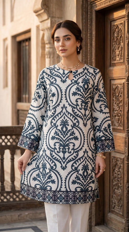 Earthy Elegance Indigo Damask Printed Lawn Kurti