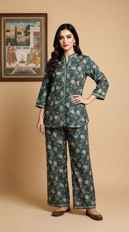 Teal Floral Print Cotton Co-ord Set – 2-Piece Mid-Length Tunic & Trouser Suit