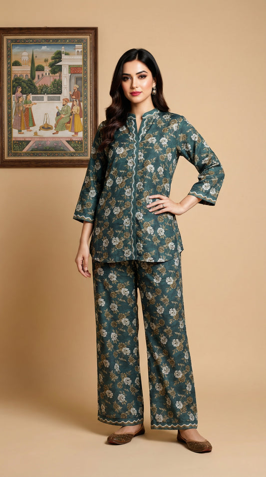 Teal Floral Print Cotton Co-ord Set – 2-Piece Mid-Length Tunic & Trouser Suit