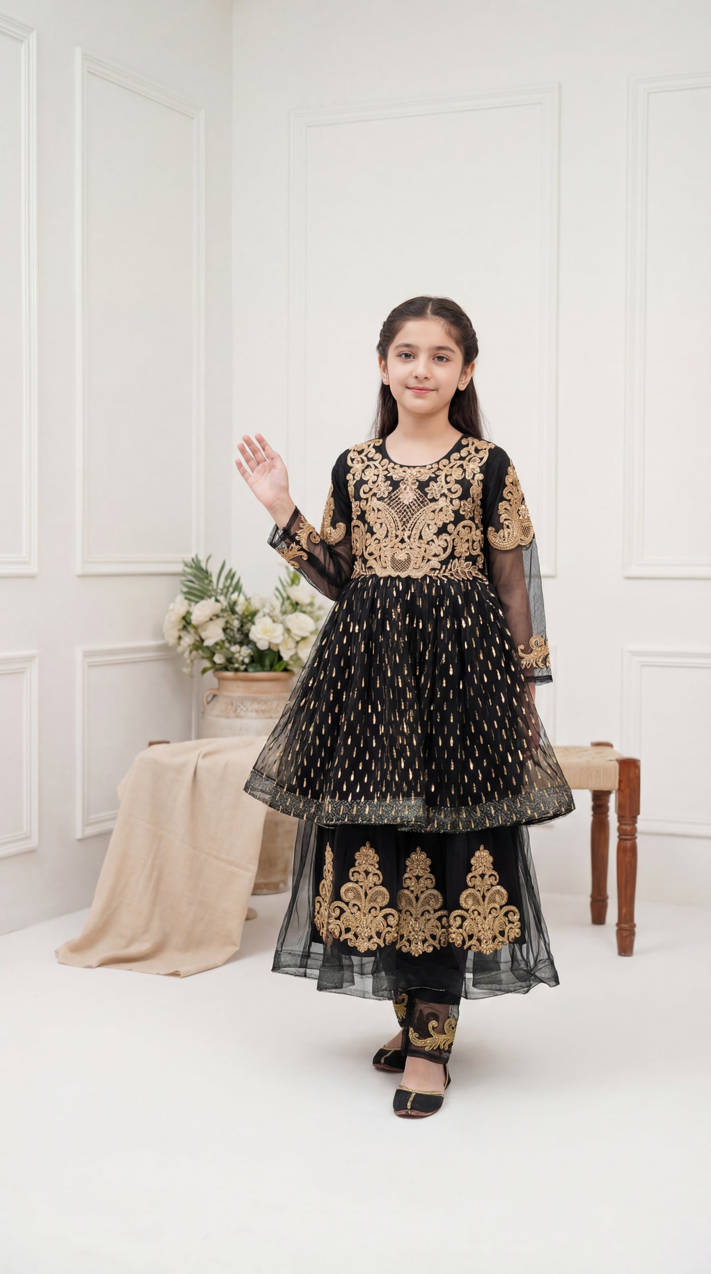 Royal Black & Gold Embroidered Girls' Peplum Sharara Set