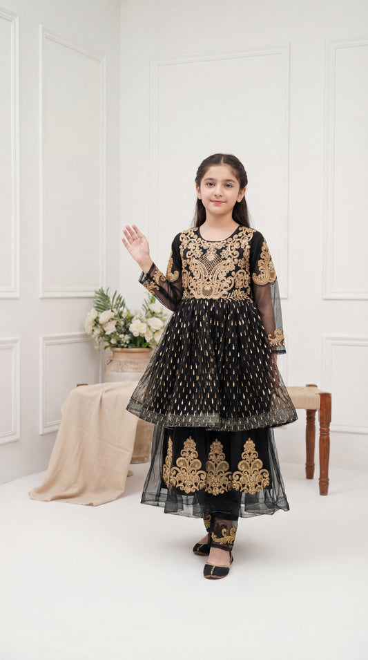 Royal Black & Gold Embroidered Girls' Peplum Sharara Set
