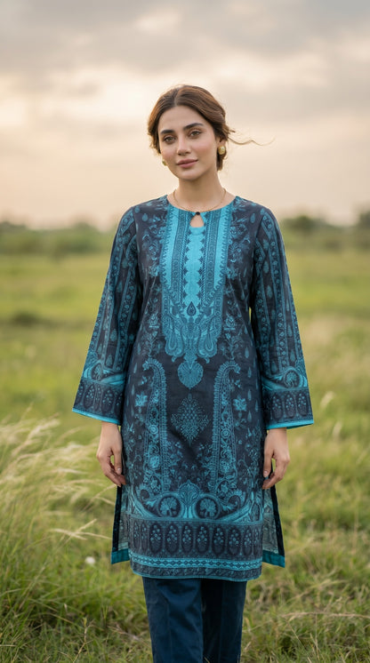 Oceanic Elegance Printed Lawn Kurti – Deep Teal & Turquoise