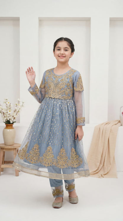 Girls' Dust Blue Embroidered Net Frock - Festive Party Wear 2-Piece Set