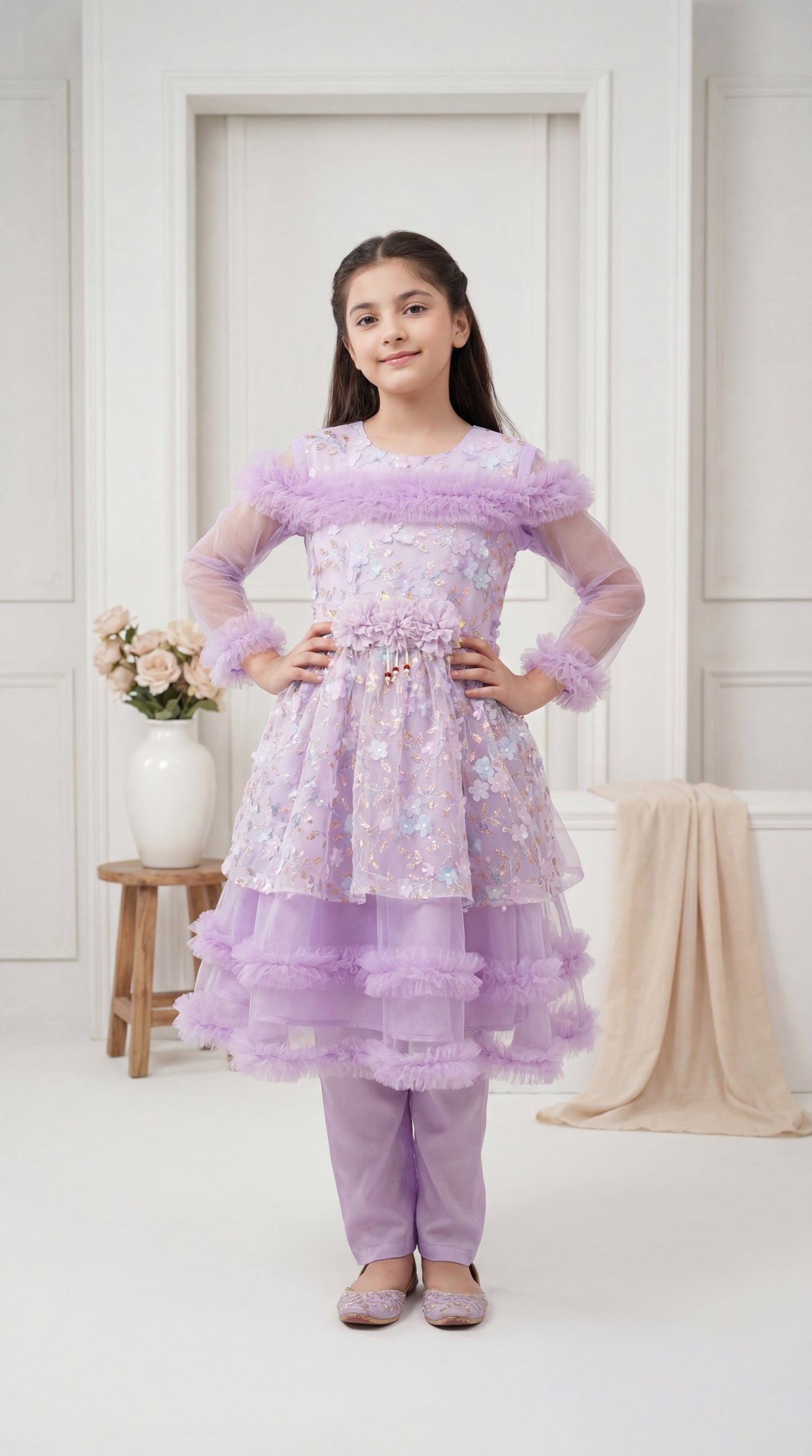 Enchanted Lavender Floral Ruffled Party Frock with Matching Trousers