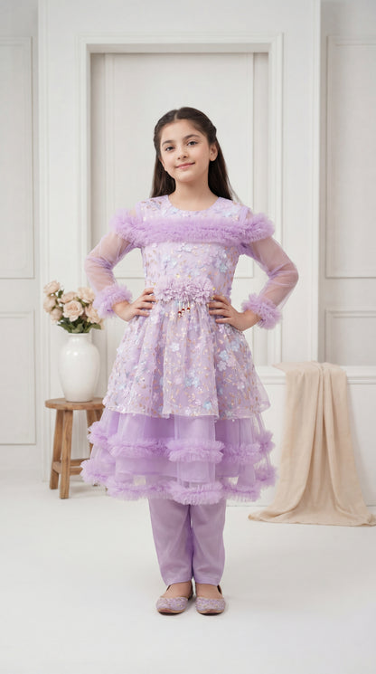 Enchanted Lavender Floral Ruffled Party Frock with Matching Trousers