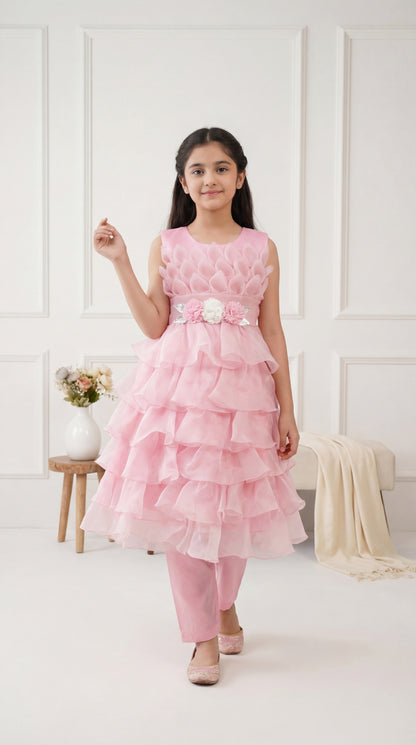 Petal-Layered Rose Pink Organza Frock Set