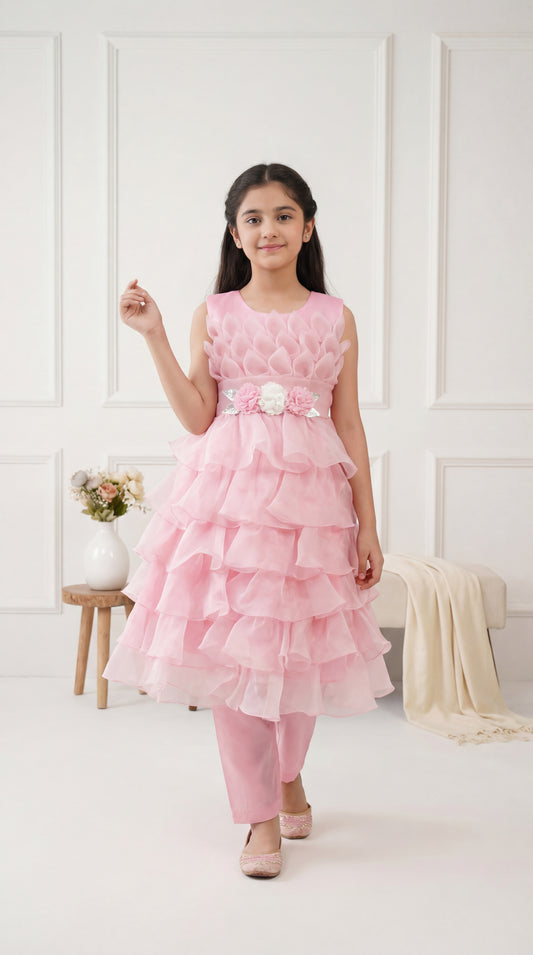 Petal-Layered Rose Pink Organza Frock Set