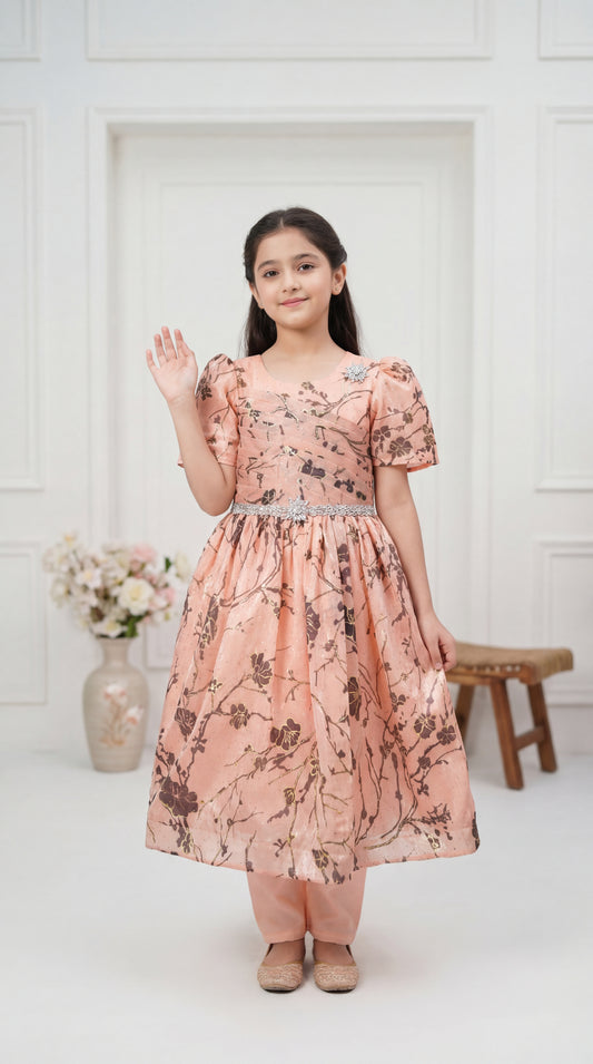 Enchanted Rose Gold Floral Organza Frock with Embellished Belt