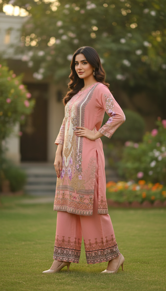 Blush Rose Floral Embroidered 2-Piece Lawn Suit