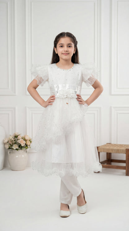 Enchanted White Tulle Flutter-Sleeve Party Dress with Floral Appliqué