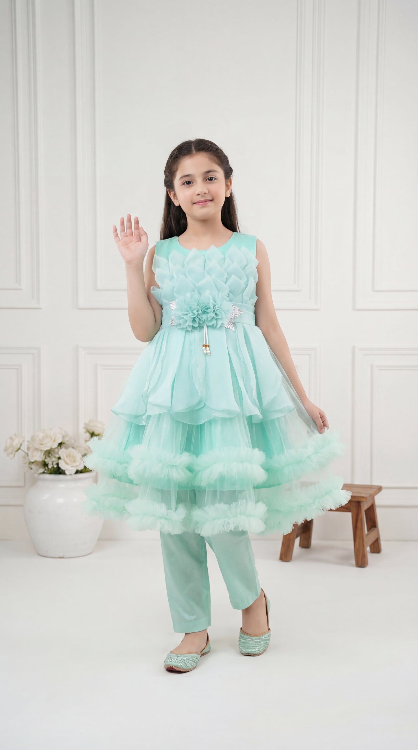 Enchanted Mint Ruffled Petal Frock & Trousers Set