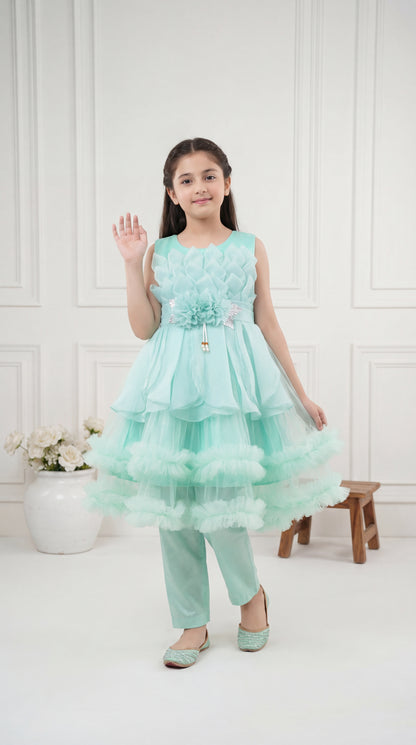 Enchanted Mint Ruffled Petal Frock & Trousers Set
