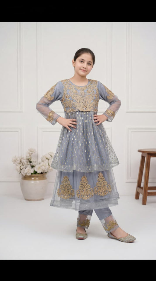 Girls' Dust Blue Embroidered Net Frock - Festive Party Wear 2-Piece Set