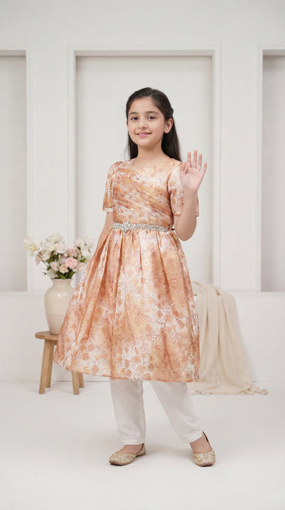 The Royal Gold Jacquard Fusion Frock – Floral Brocade with Embellished Belt