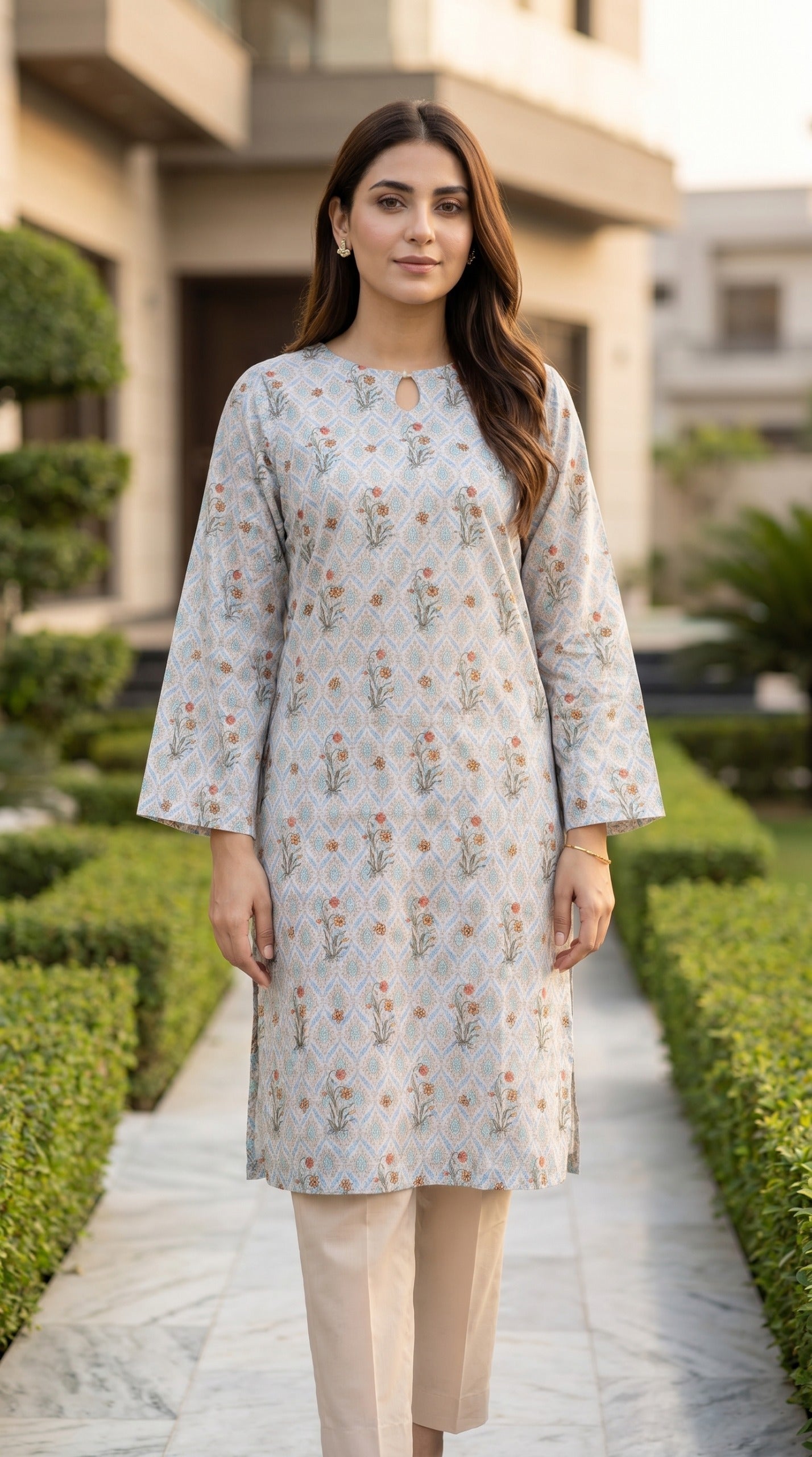 Floral Printed Lawn Kurti – Pastel Geometric Long Shirt