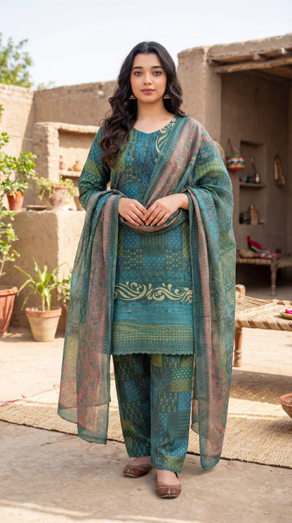 Emerald Mosaic | Three-Piece Printed Lawn Suit
