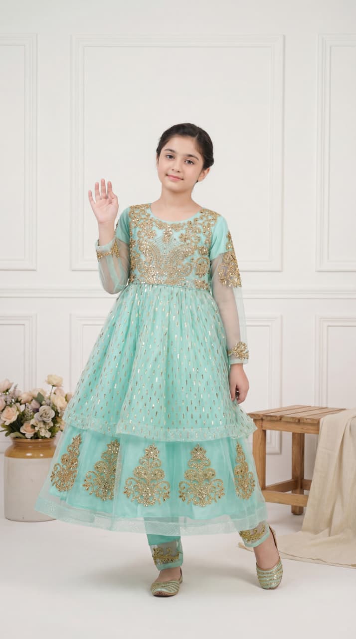 Girls’ Mint Green Embroidered Anarkali Style Party Wear Frock with Trousers