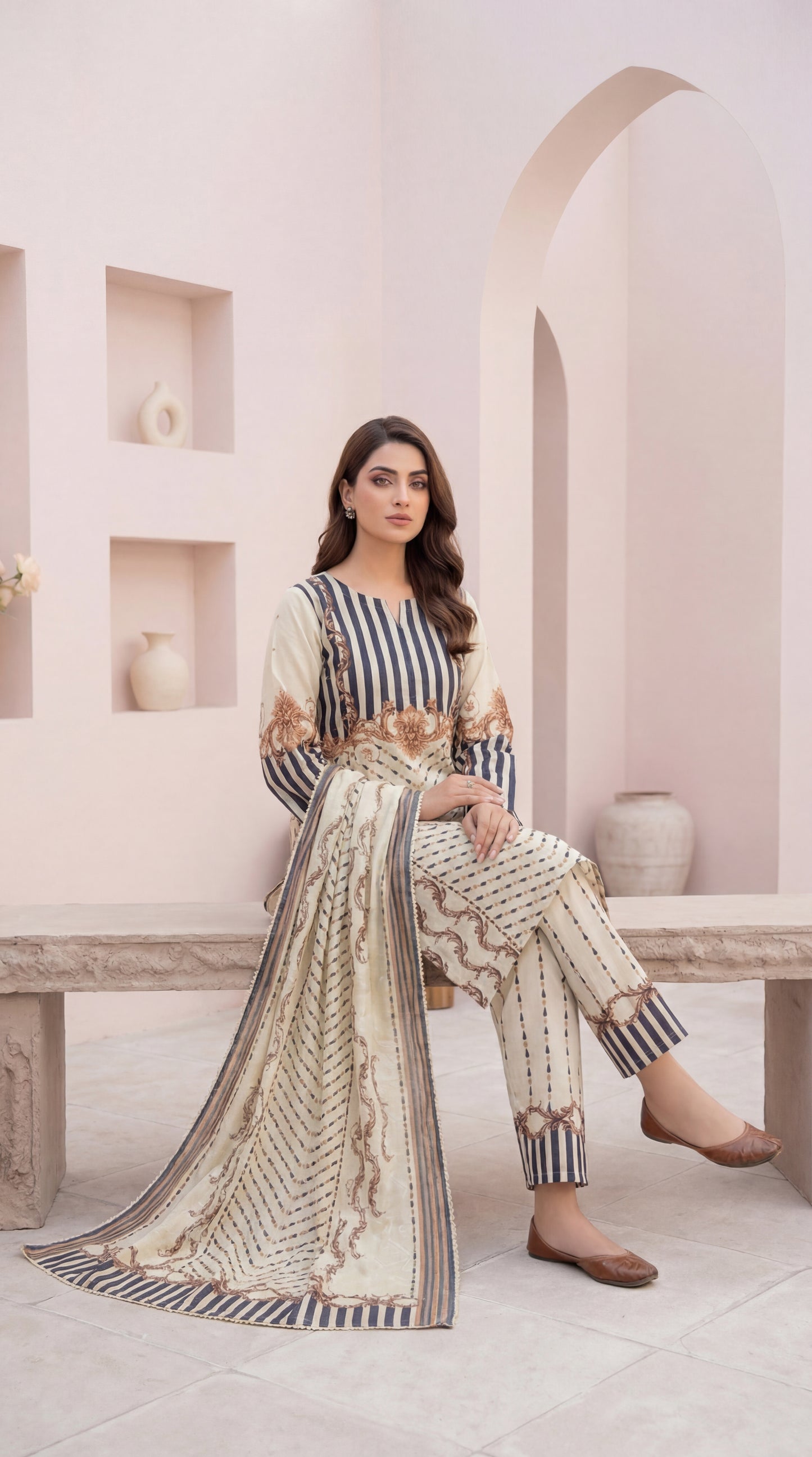 Ethereal Cream & Indigo Geometric Print 3-Piece stitched Suit