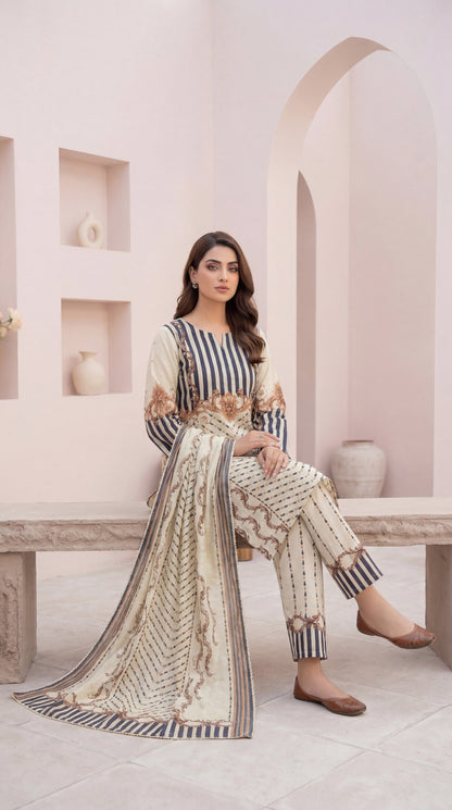 Ethereal Cream & Indigo Geometric Print 3-Piece stitched Suit
