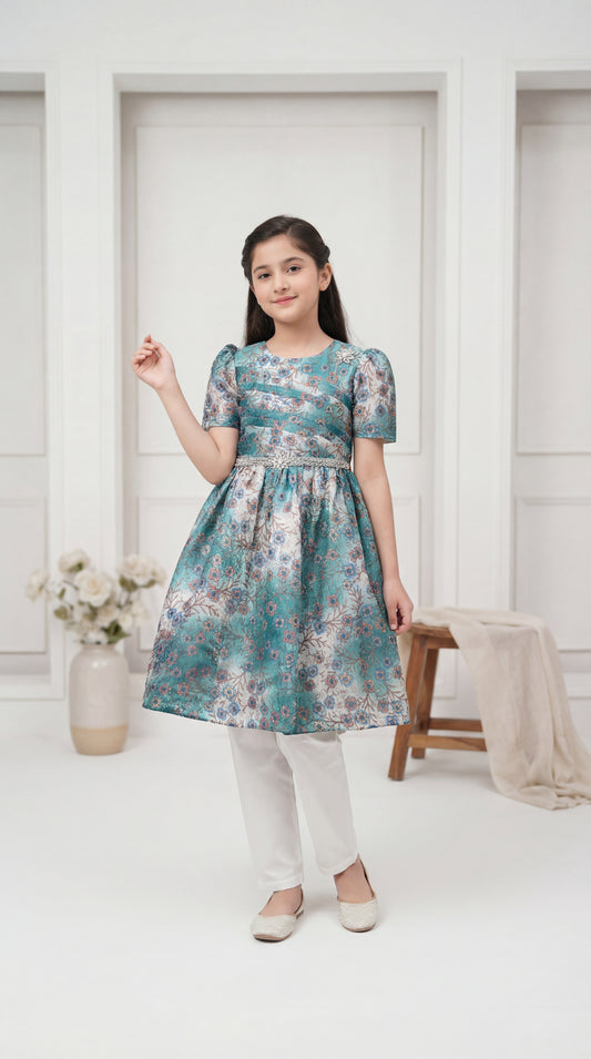 Turquoise Floral Brocade Festive Frock with Embellished Waist