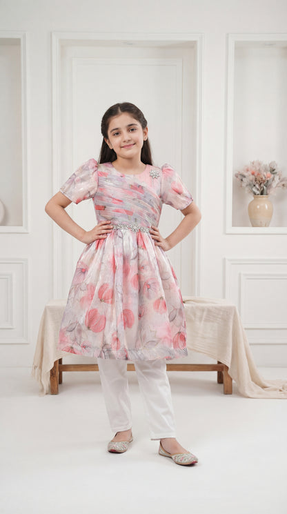 Girls’ Pink Floral Organza Party Frock with Pleated Bodice and Embellished Belt