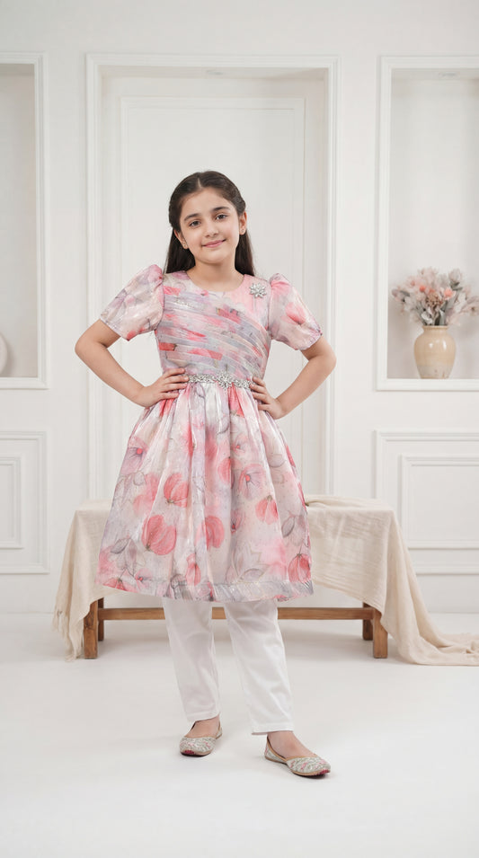 Girls’ Pink Floral Organza Party Frock with Pleated Bodice and Embellished Belt