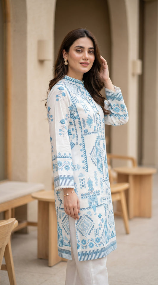 Ivory & Azure Geometric Printed Kurti – Premium Lawn Casual Shirt