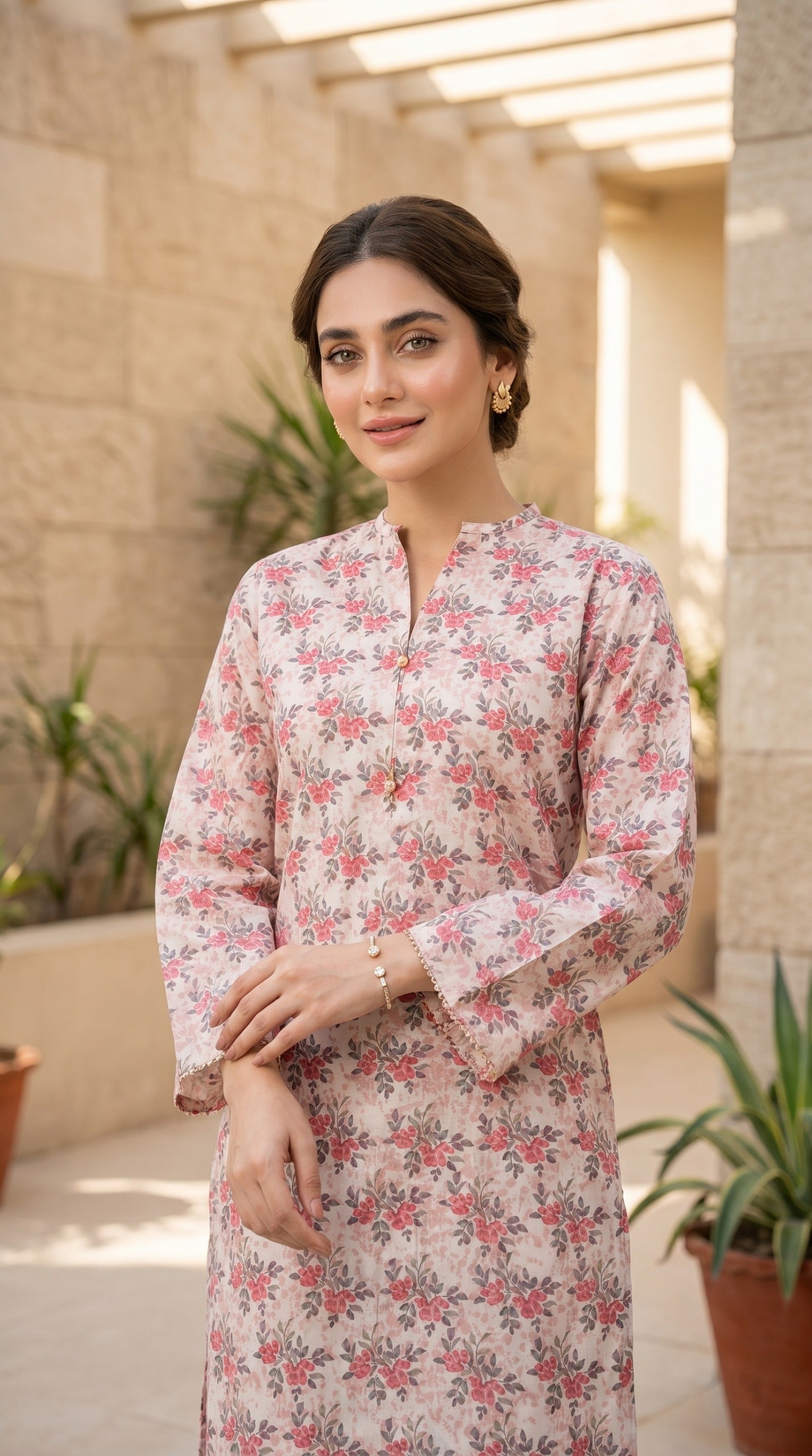 Blush Pink Floral Printed Lawn Kurti – Elegant V-Neck Straight Tunic