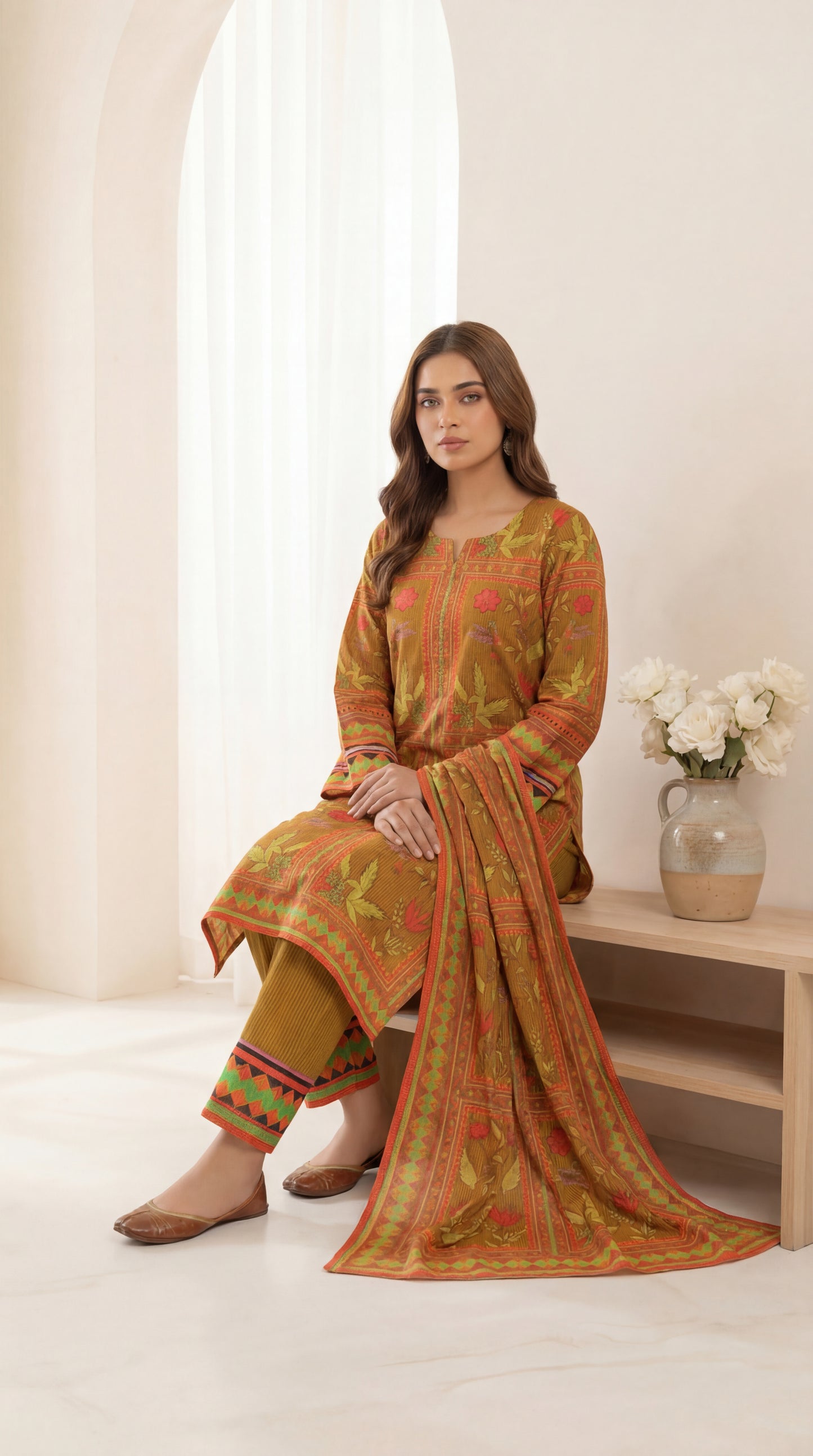 Earthy Mustard Printed 3-Piece Suite with Floral & Geometric Accents