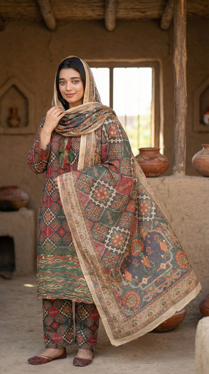 Rust & Emerald Geometric Printed Co-ord Set with Dupatta