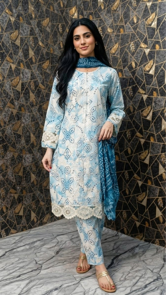 Azure Chunri Embroidered 3-Piece Lawn Suit