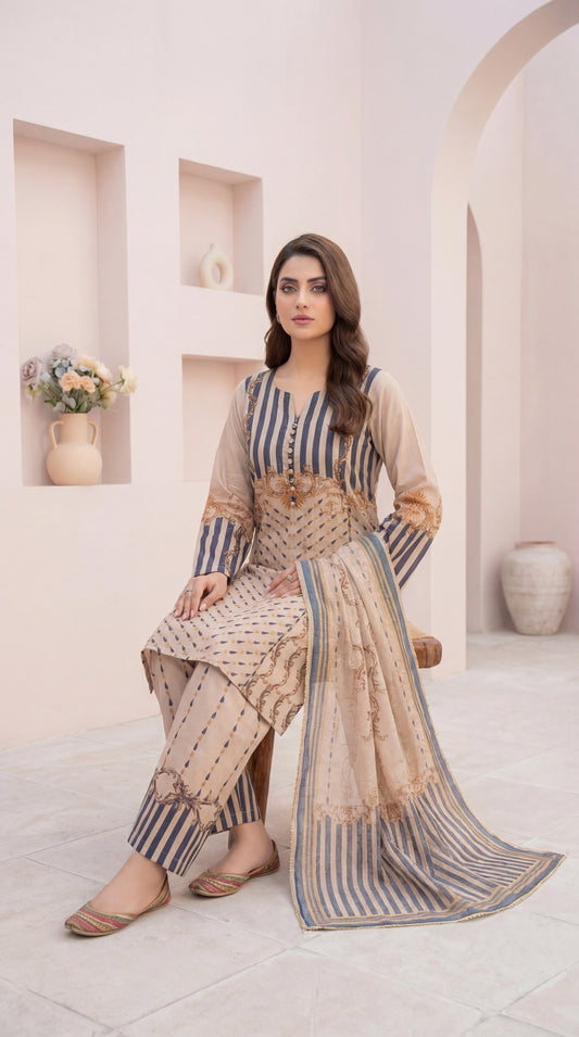 Sand & Slate Printed 3-Piece Lawn Suit with Striped Accents