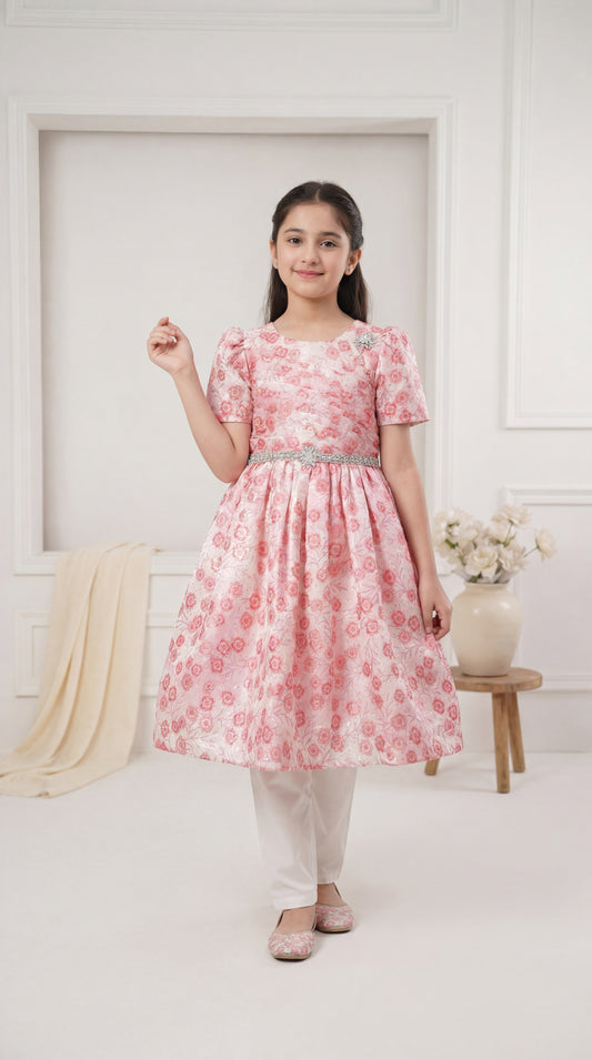 Peachy Pink Floral Jacquard Frock – 2-Piece Eastern Fusion Set