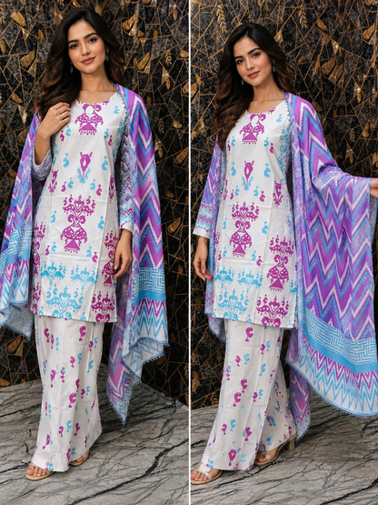 Vibrant Ethnic Fusion: 3-Piece Printed Stitched Suit