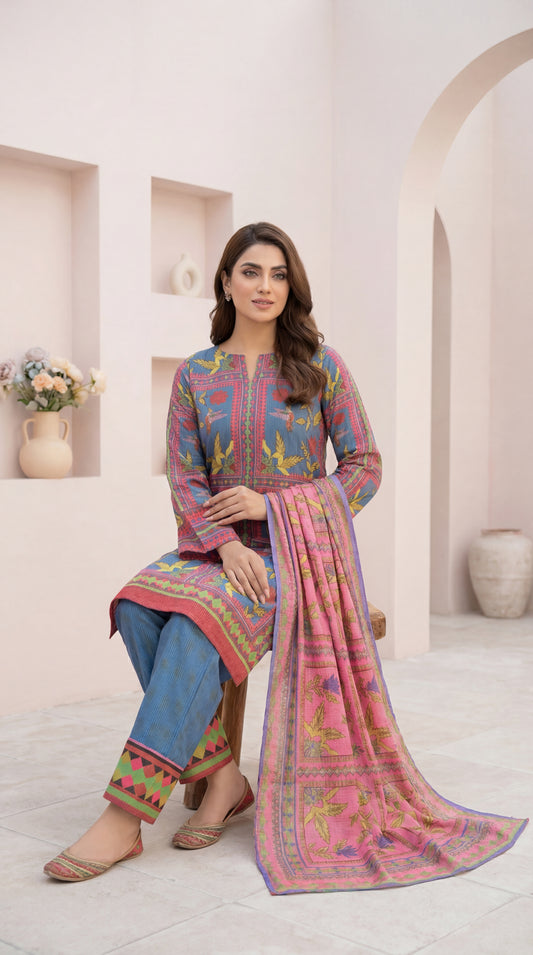 Hummingbird Haven – 3-Piece Stitched Digital Print Lawn Suit in Azure & Rose