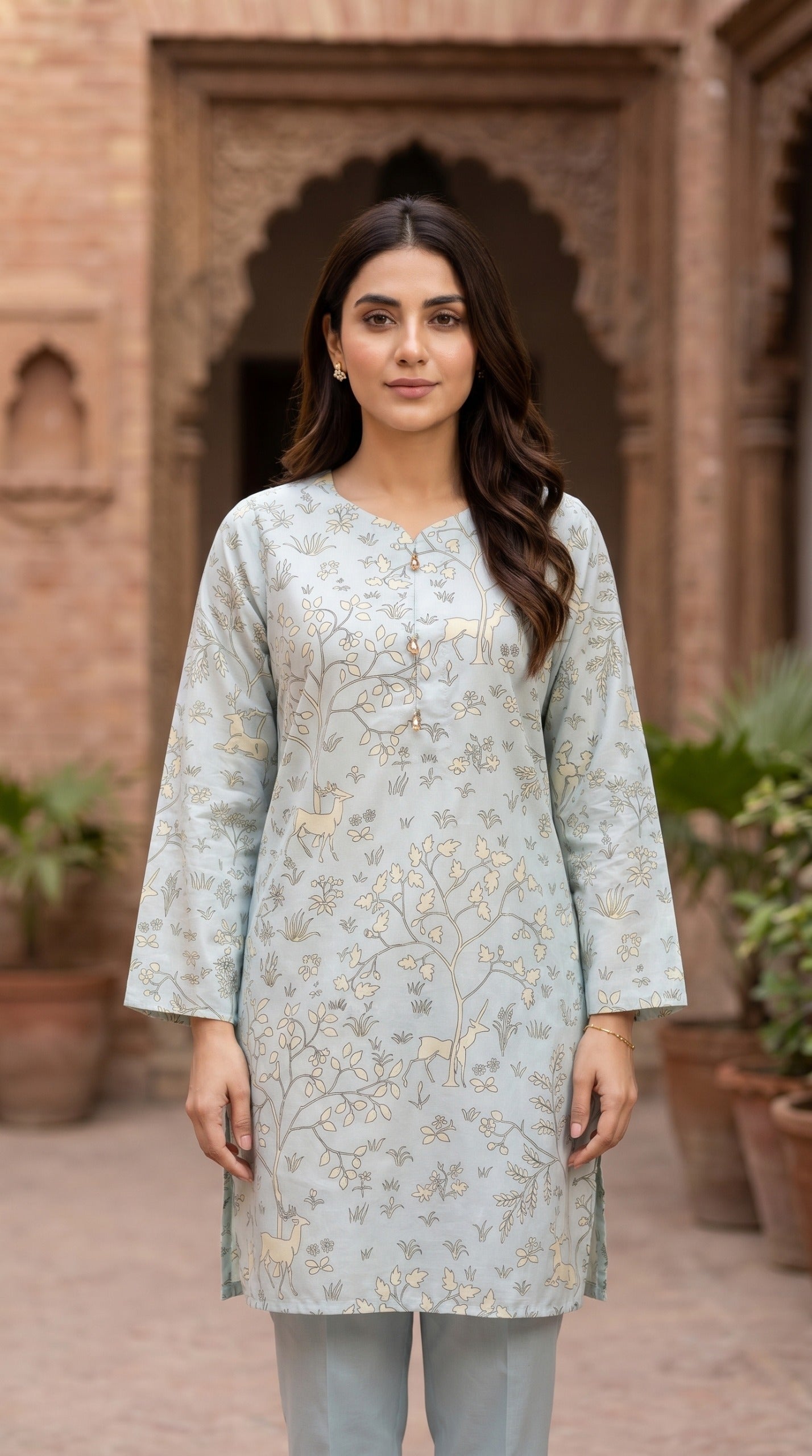 Pastel Blue Woodland Printed Lawn Kurti – Elegant Floral & Fawn Stitched Shirt