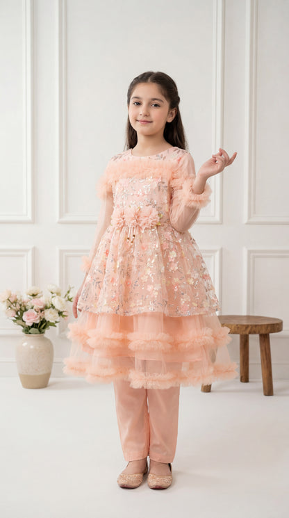 Girls' Enchanted Peach Ruffle Tiered Party Frock