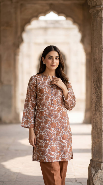 Terracotta Floral Printed Lawn Kurti – Elegant Straight Kurti for Women
