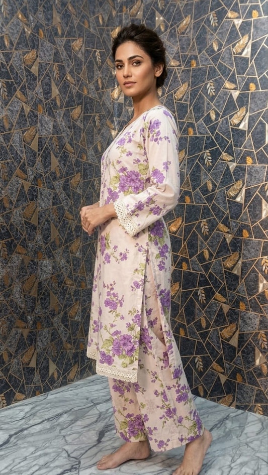Lavender Bloom: Embroidered 3-Piece Floral Lawn Suite