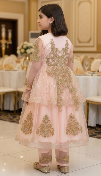 Elegant Peach Gold-Embroidered Layered Tulle Frock Set