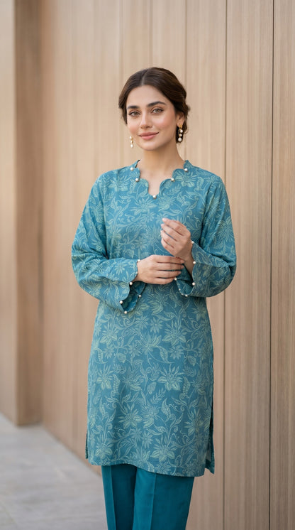 Floral Printed Lawn Kurti with Pearl Embellishments