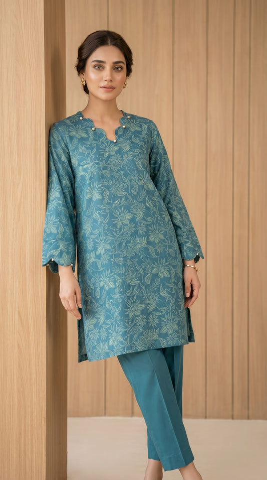 Floral Printed Lawn Kurti with Pearl Embellishments
