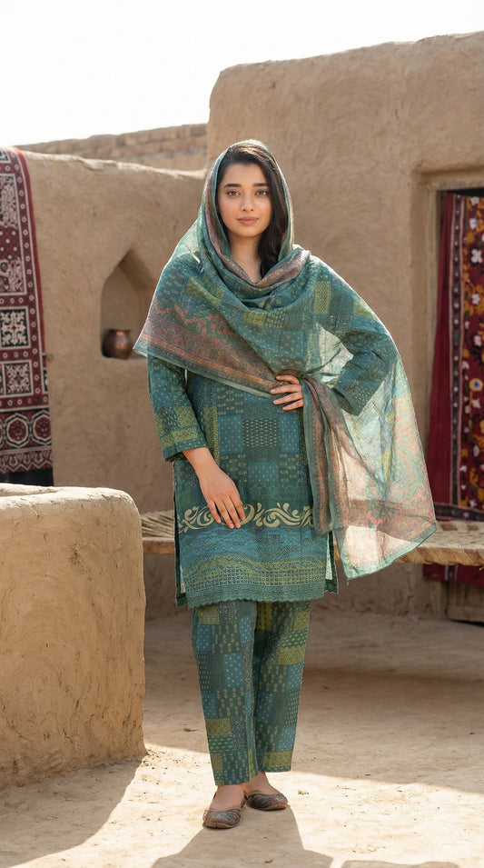 Emerald Mosaic | Three-Piece Printed Lawn Suit