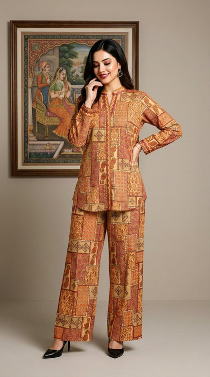 Ethnic Patchwork Print Co-ord Set – Warm Ochre & Rust