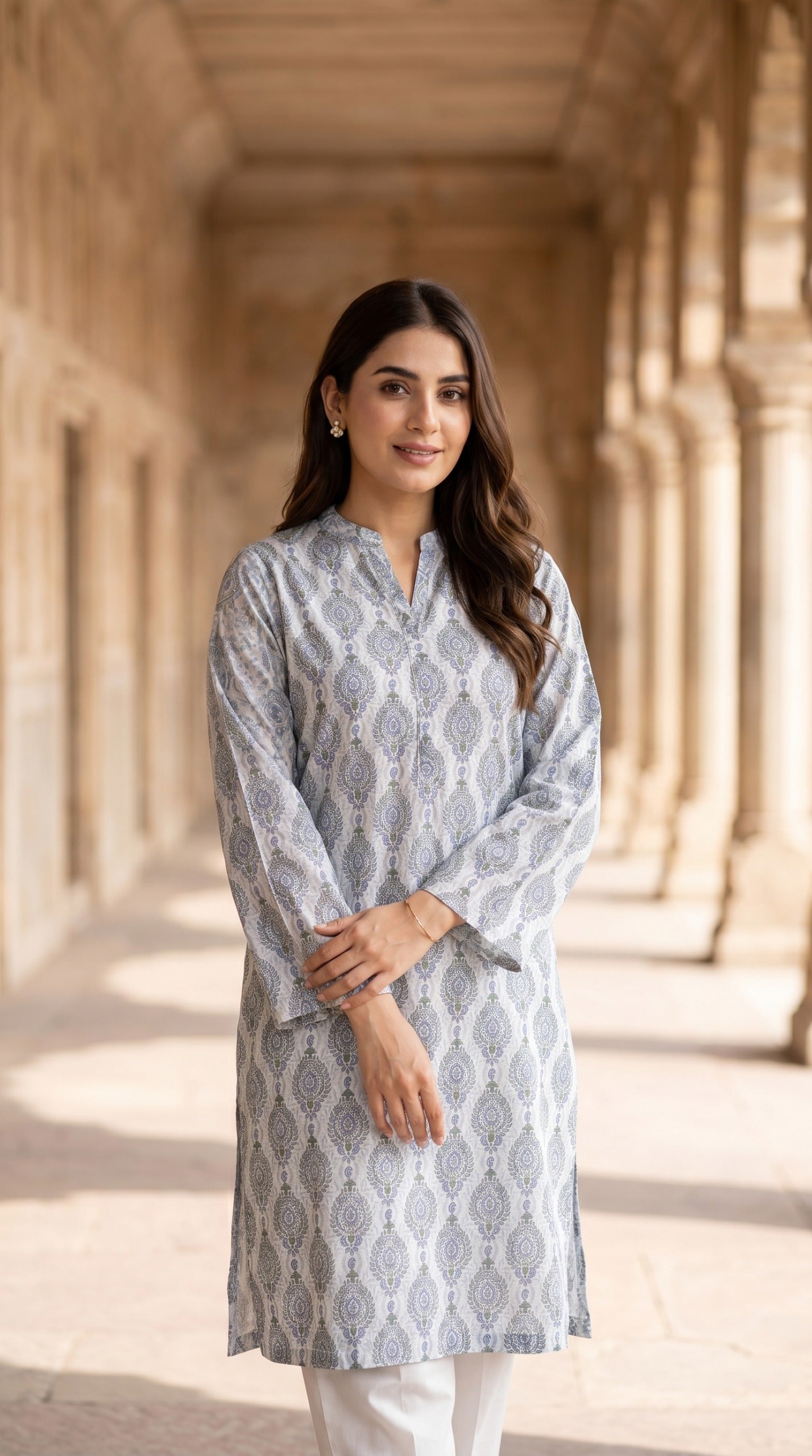 Powder Blue & Silver Grey Lawn Printed Kurti