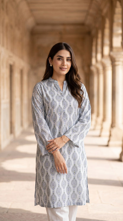 Powder Blue & Silver Grey Lawn Printed Kurti