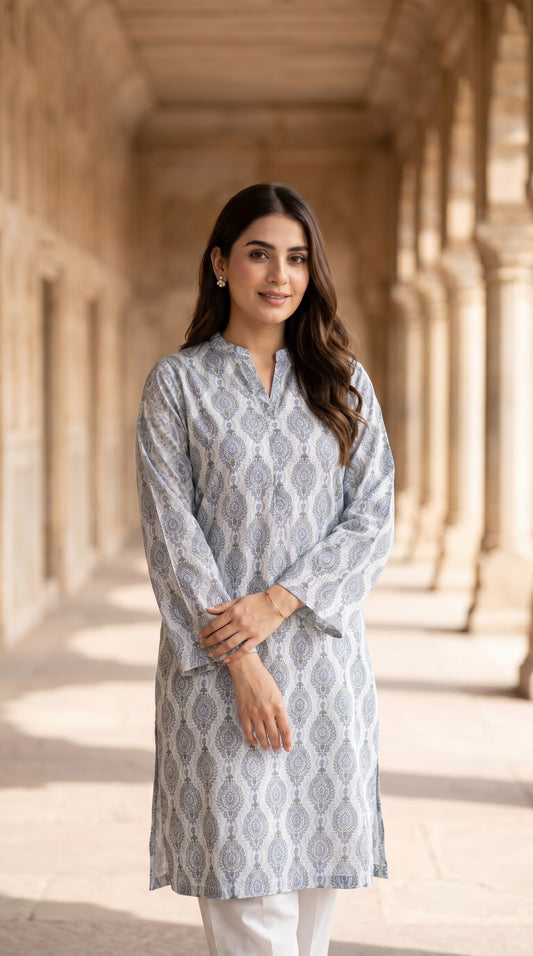 Powder Blue & Silver Grey Lawn Printed Kurti