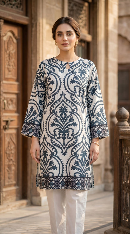 Earthy Elegance Indigo Damask Printed Lawn Kurti